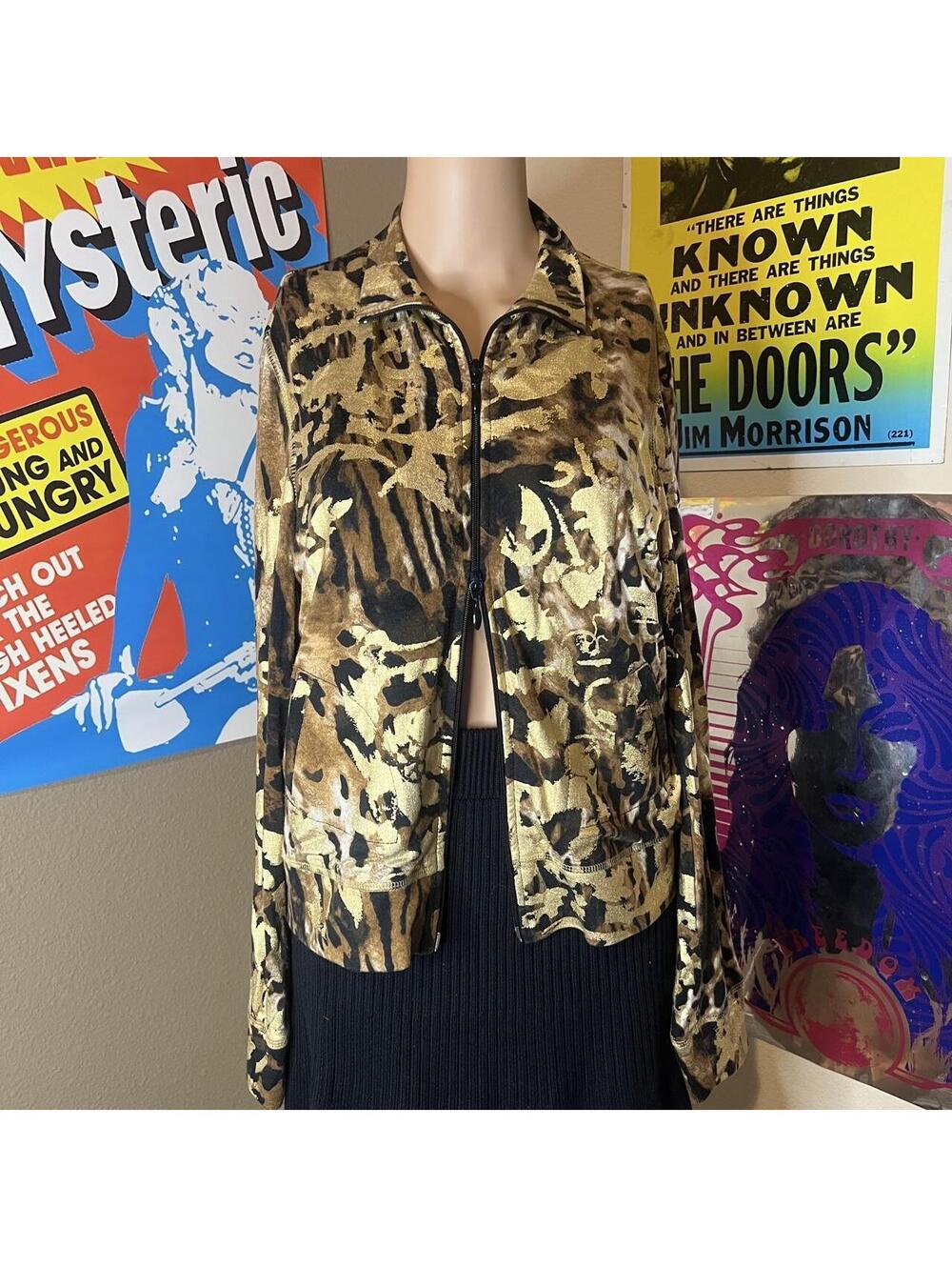 Y2K Metallic Gold Animal + Floral Print Double Zip Up Jacket